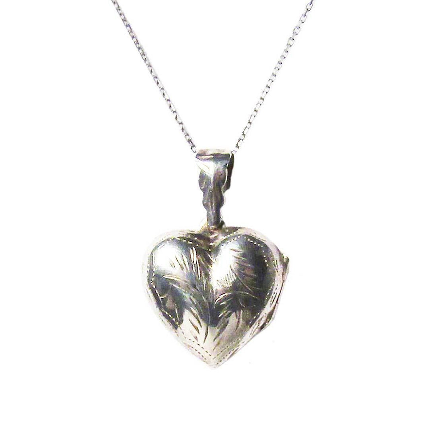 Vintage Etched Silver Heart Locket Pendant Necklace