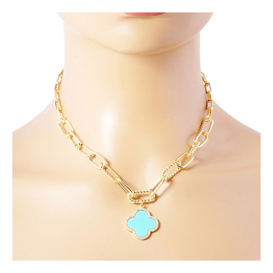 Dazzling Green Quatrefoil Clover Paperclip Chain Link Statement Necklace