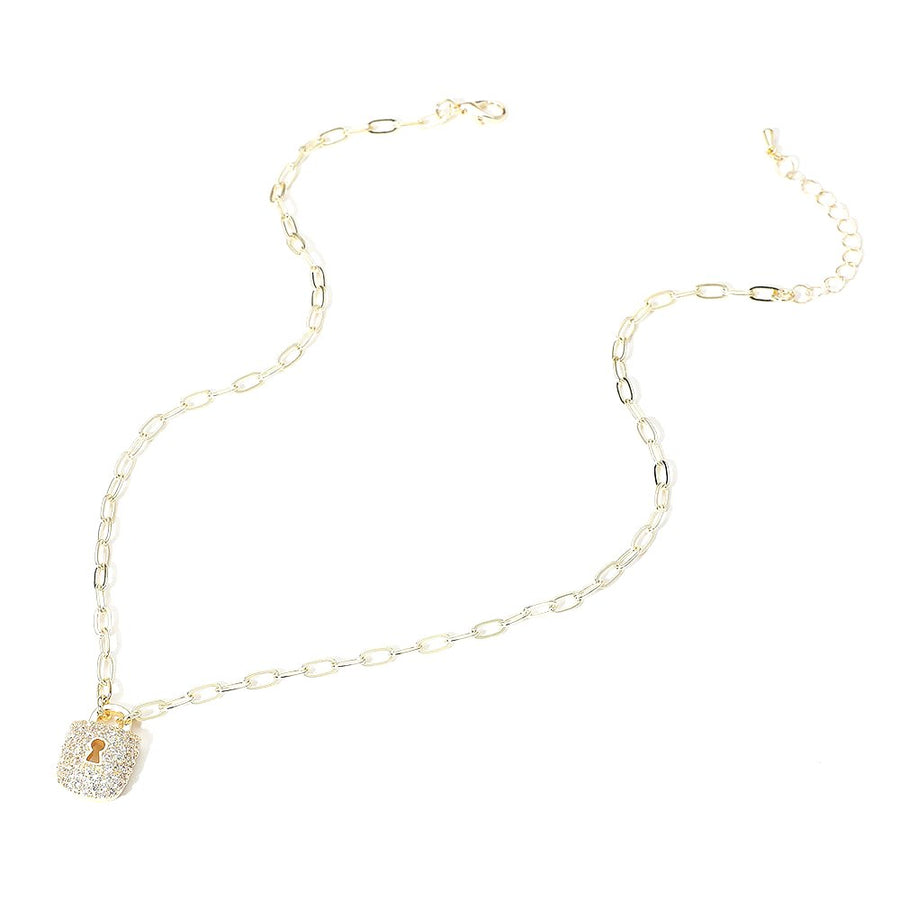 Gold CZ Stone Paved Lock Pendant Paperclip Chain Necklace