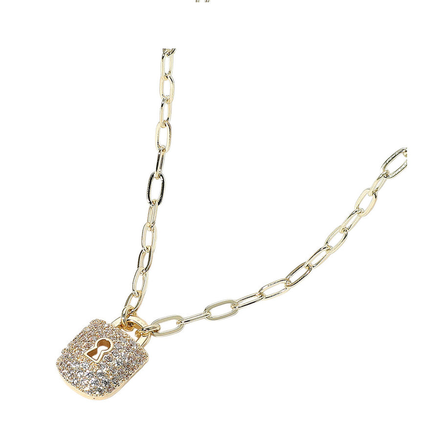 Gold CZ Stone Paved Lock Pendant Paperclip Chain Necklace