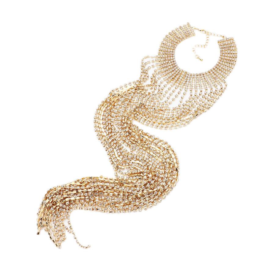 Gold Rhinestone Fringe Dropdown Choker Necklace