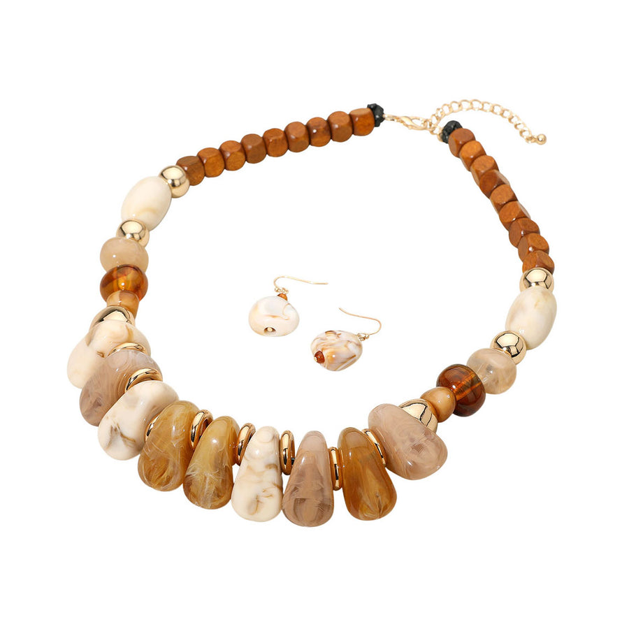 Brown Chunky Marbled Resin Pebble Wooden Beaded Necklace