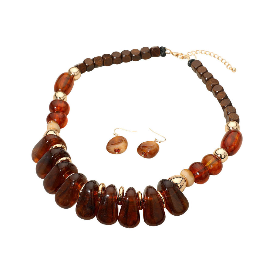 Brown Chunky Marbled Resin Pebble Wooden Beaded Necklace