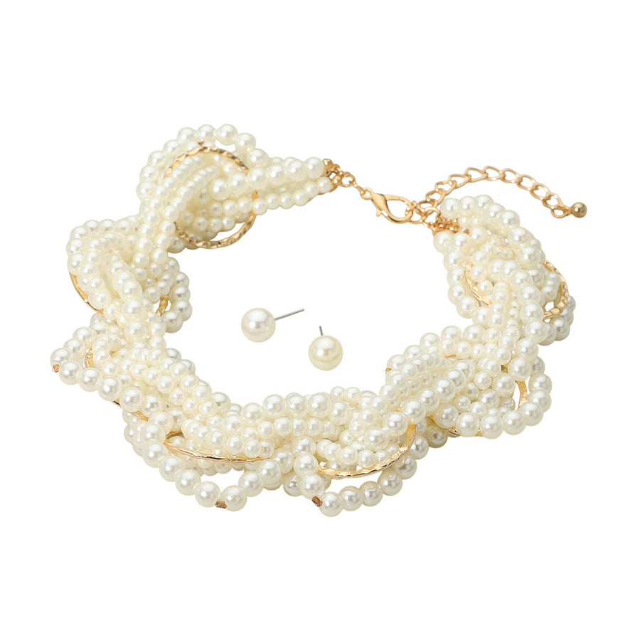 Multi Strand Twist Cream Pearly Beaded Statement Necklace