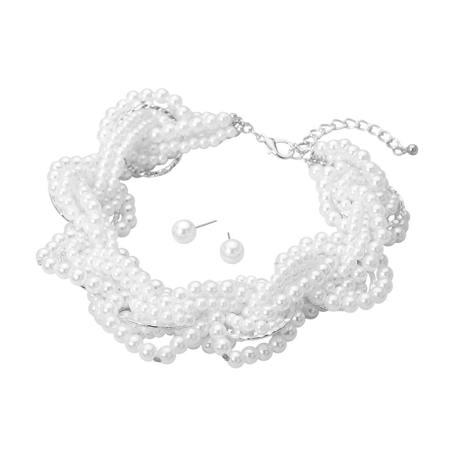 Multi Strand Twist Cream Pearly Beaded Statement Necklace