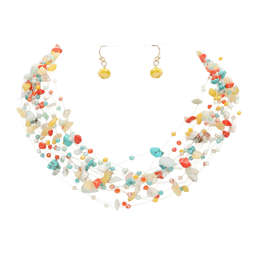 Multi Color Pebble Beads Transparent Thread Layered Strand Necklace Set