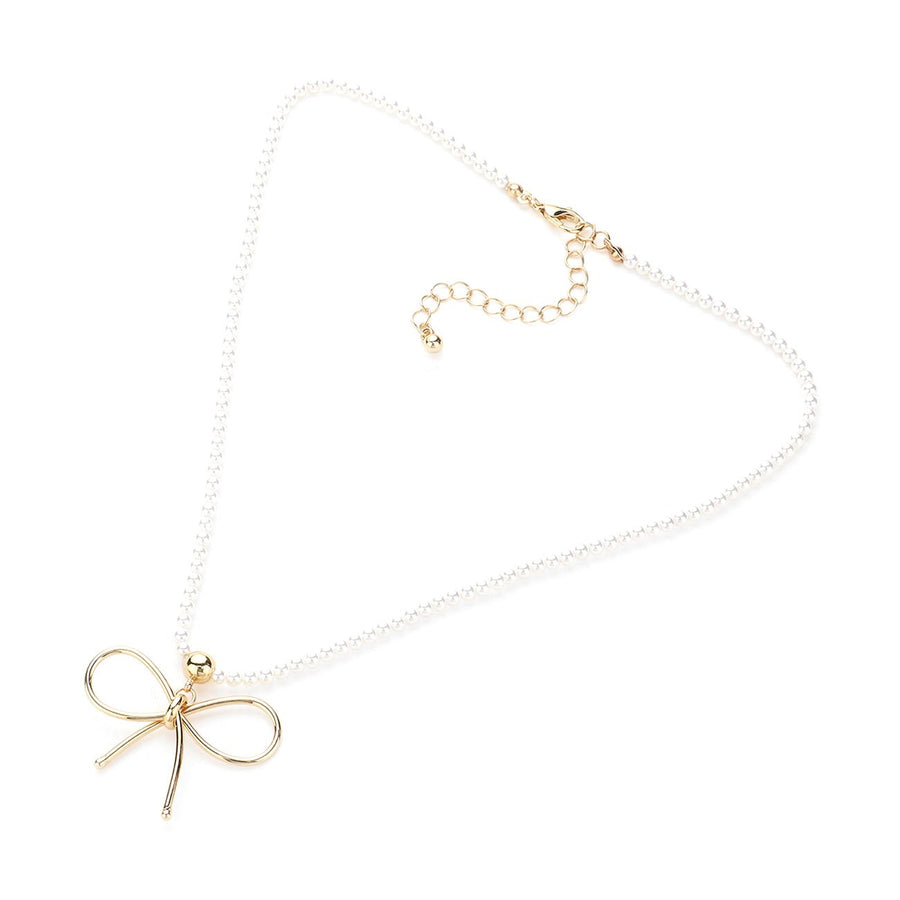 Pearl Beads Brass Wire Bow Pendant Necklace