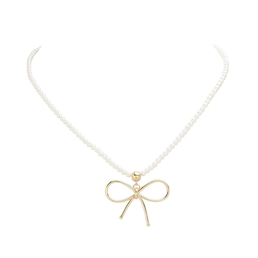 Pearl Beads Brass Wire Bow Pendant Necklace