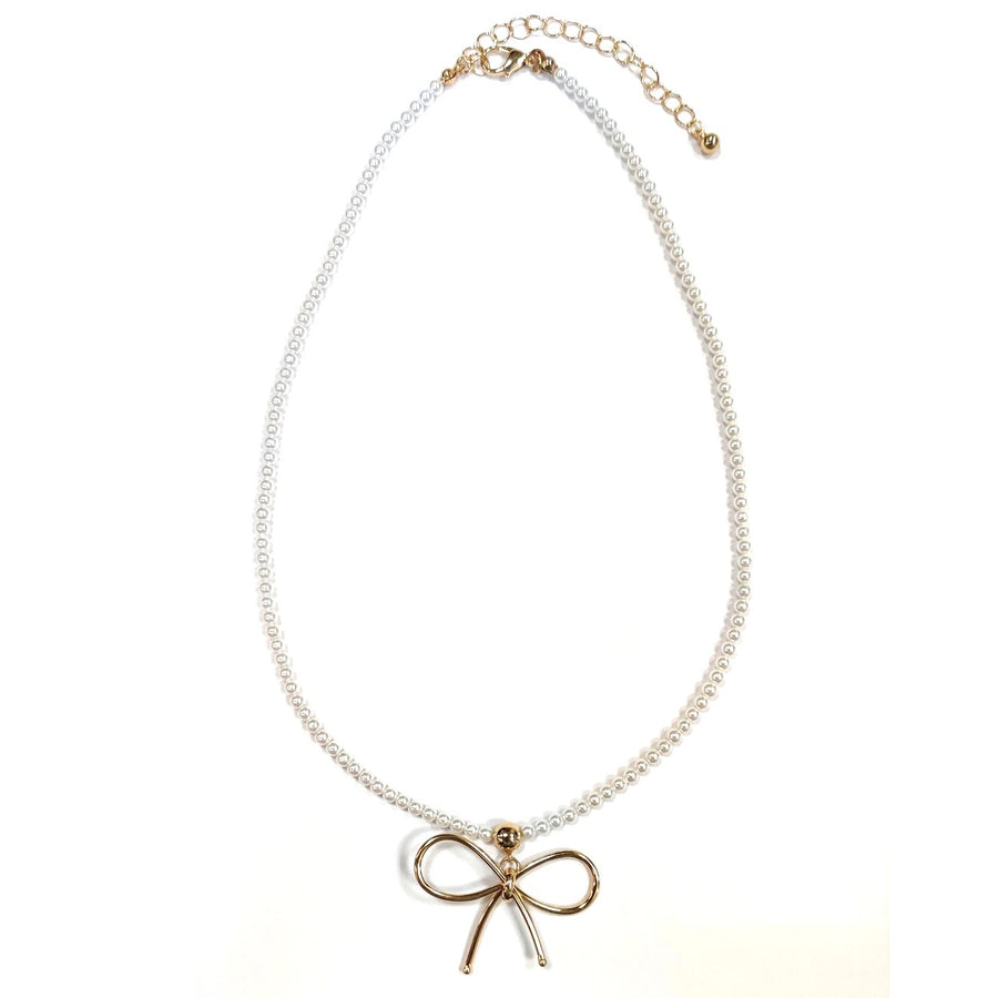 Pearl Beads Brass Wire Bow Pendant Necklace