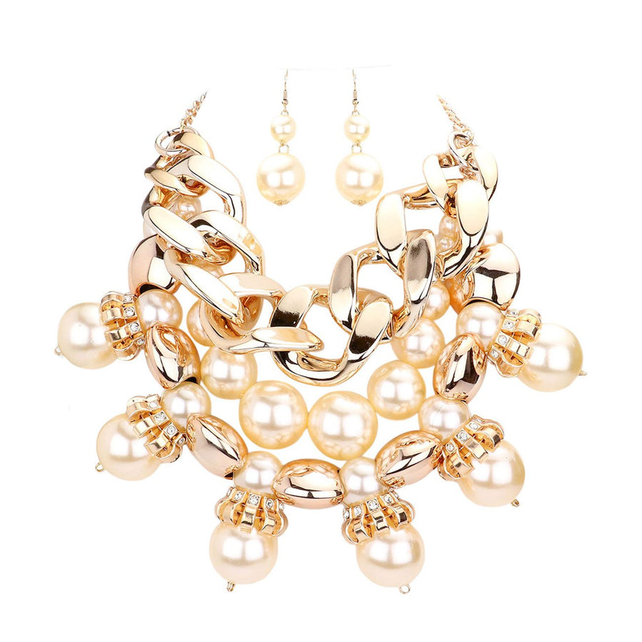 Chunky Gold Chain Pearl Bib Necklace
