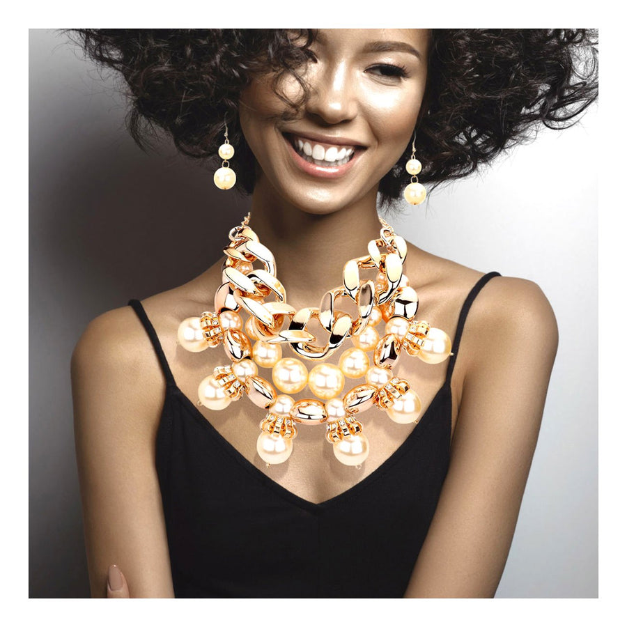 Chunky Gold Chain Pearl Bib Necklace