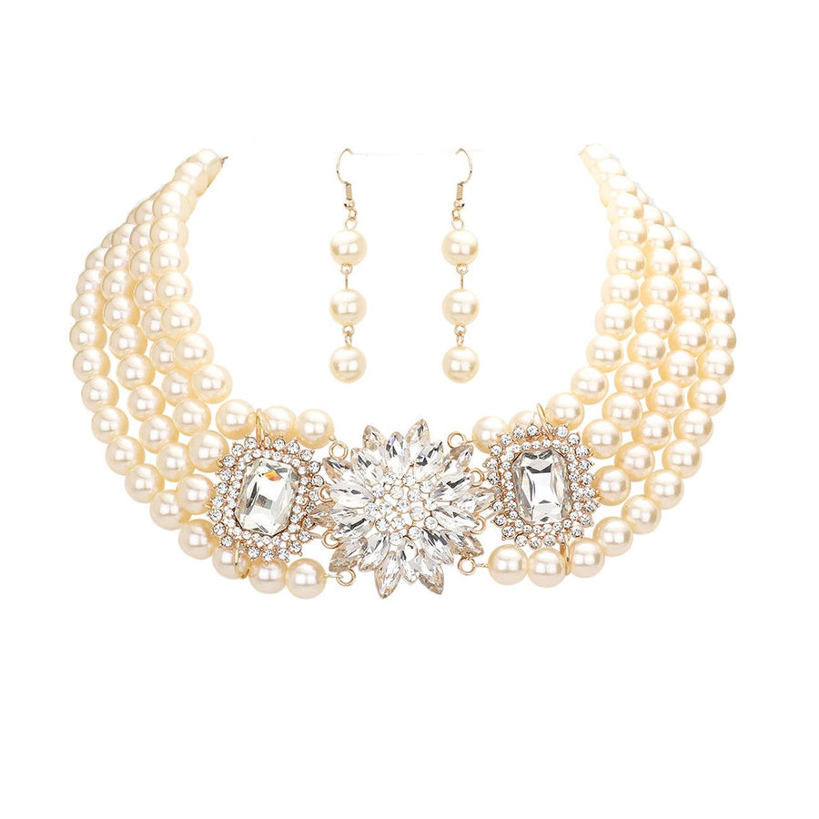 Multi Strand Cream Marquise Stone Flower Rhinestone Pave Pendant Necklace