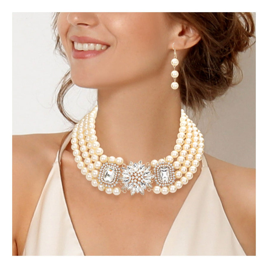 Multi Strand Cream Marquise Stone Flower Rhinestone Pave Pendant Necklace