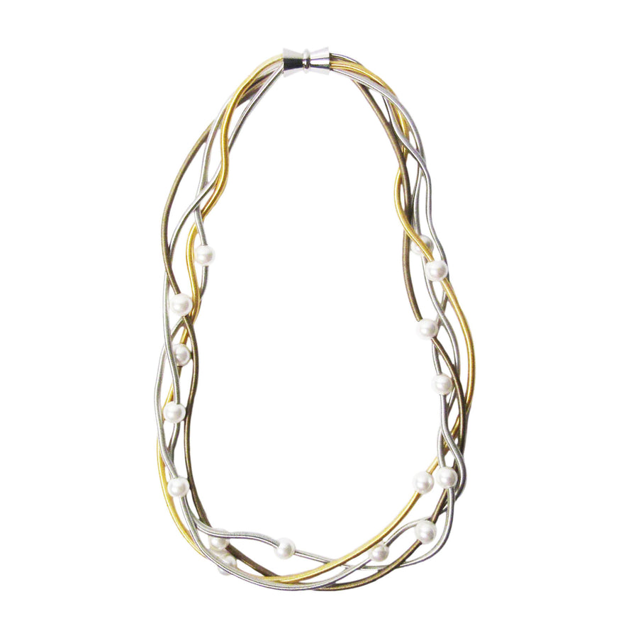 Handcrafted Multi Strand Silver Gold Bronze Piano Wire Mother Of Pearl Necklace