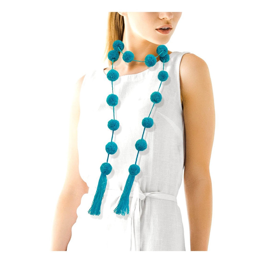 Turquoise Pom Pom Tassel Long Necklace