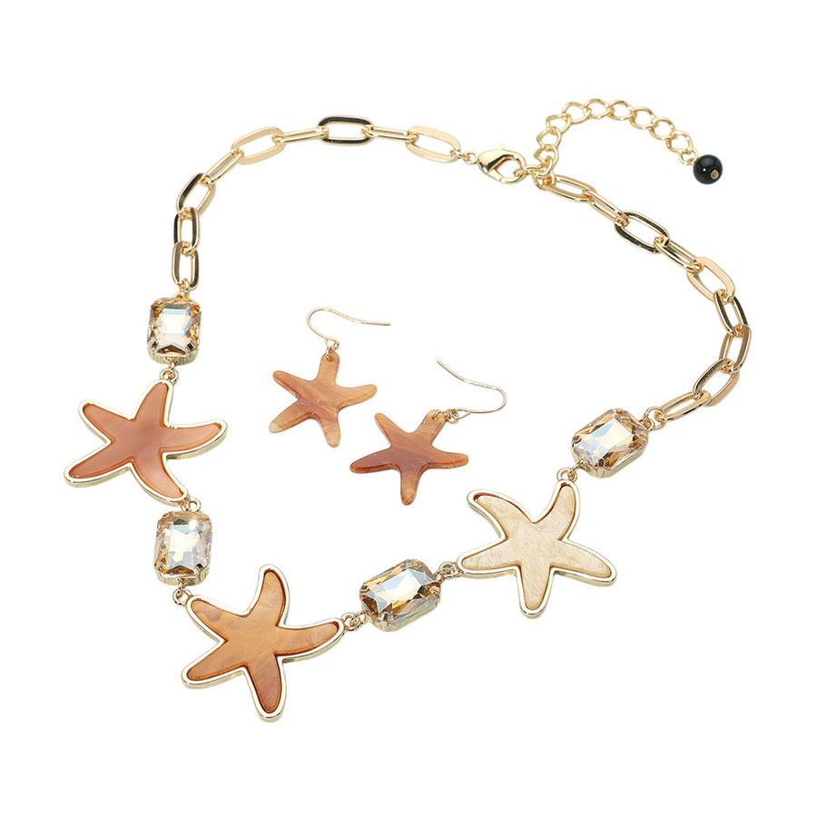 Glittering Blue Resin Starfish Stone Cluster Link Statement Necklace