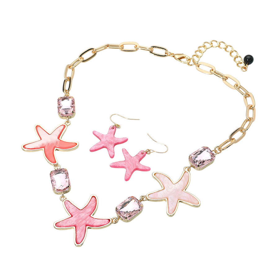 Glittering Blue Resin Starfish Stone Cluster Link Statement Necklace