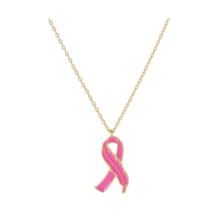 Enamel Feather Pink Ribbon Pendant Necklace
