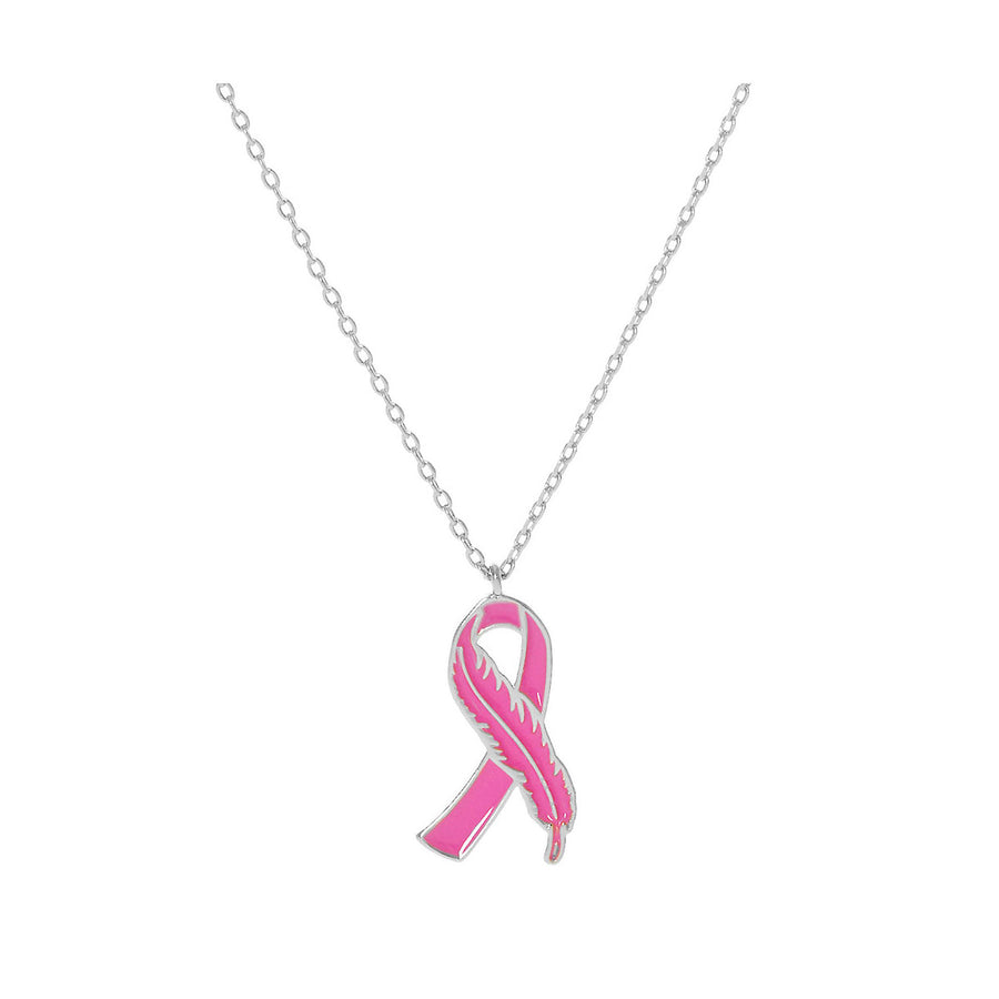 Enamel Feather Pink Ribbon Pendant Necklace