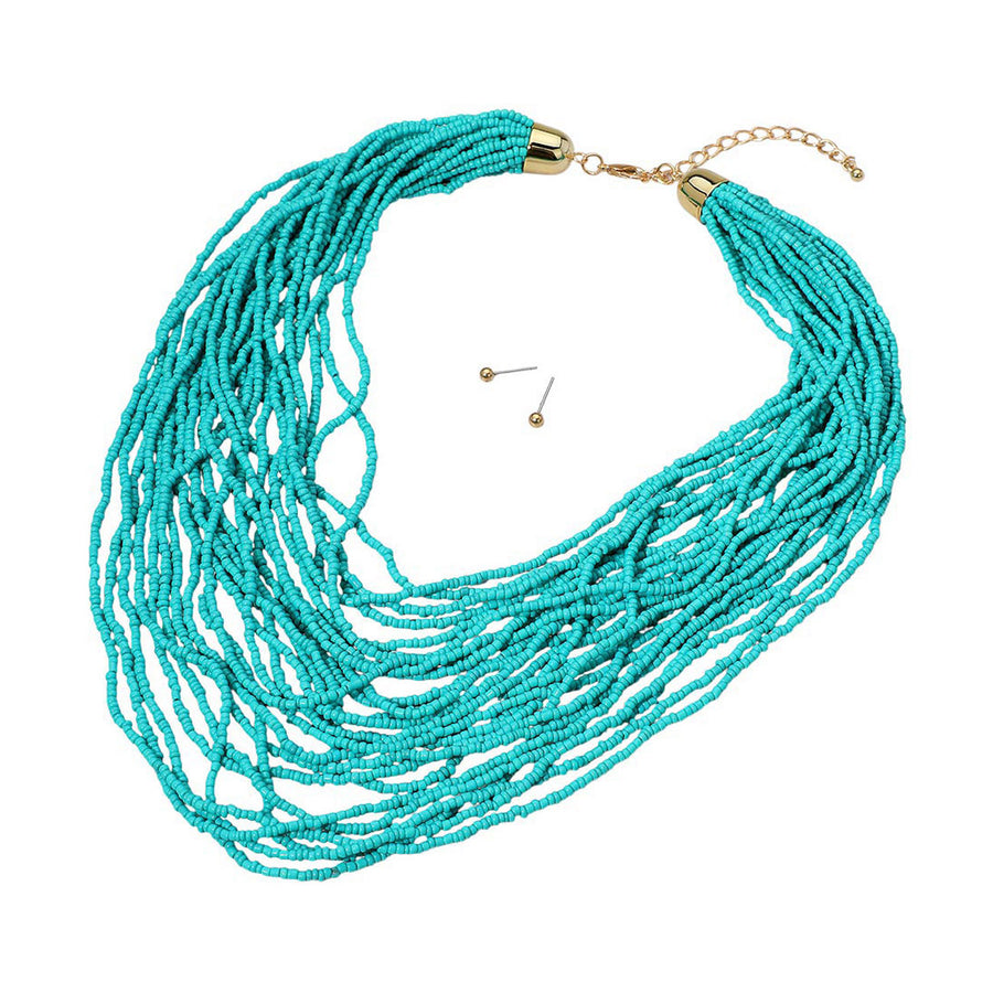 Stunning Turquoise Seed Beaded Multi Layered Strand Necklace