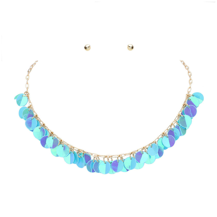 Blue Sequins Charm Station Paperclip Chain Necklace