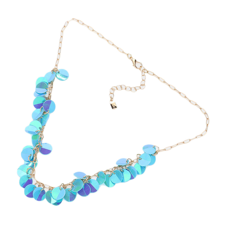 Blue Sequins Charm Station Paperclip Chain Necklace