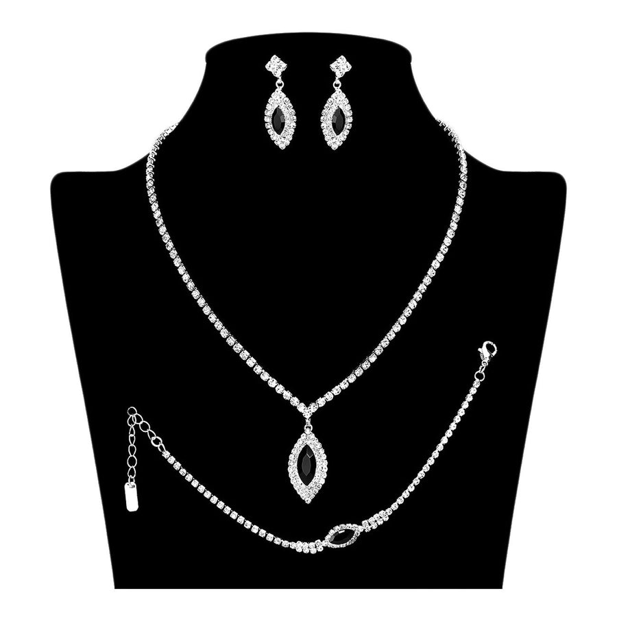 Sapphire Marquise Stone Pendant Accented Rhinestone Pave Necklace Bracelet Earrings Set