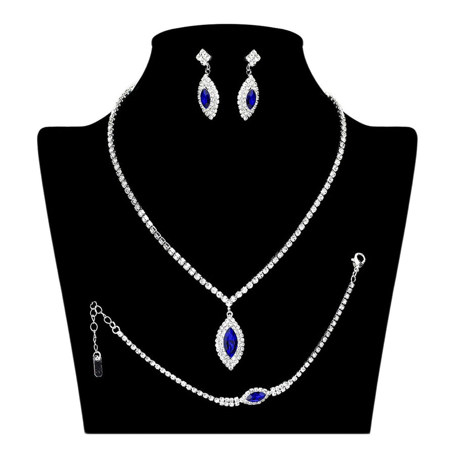 Sapphire Marquise Stone Pendant Accented Rhinestone Pave Necklace Bracelet Earrings Set