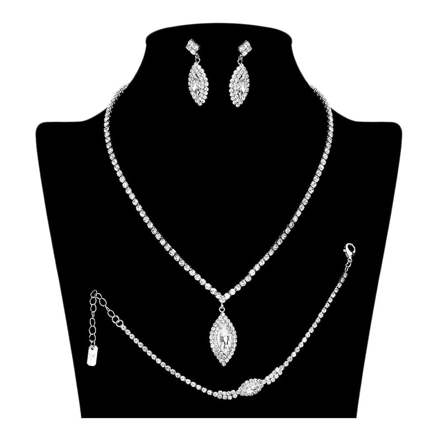 Sapphire Marquise Stone Pendant Accented Rhinestone Pave Necklace Bracelet Earrings Set