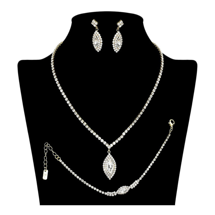 Sapphire Marquise Stone Pendant Accented Rhinestone Pave Necklace Bracelet Earrings Set