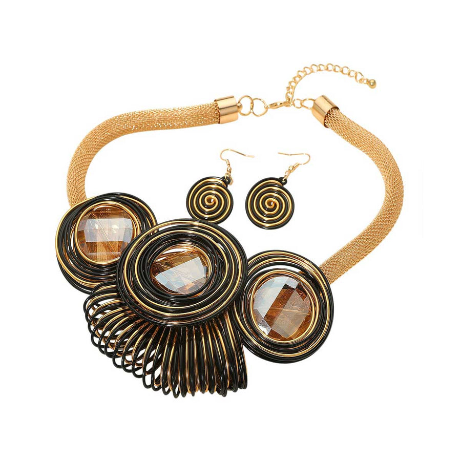 Multi Color Faceted Round Stone Colorful Metal Coil Wrapped Necklace