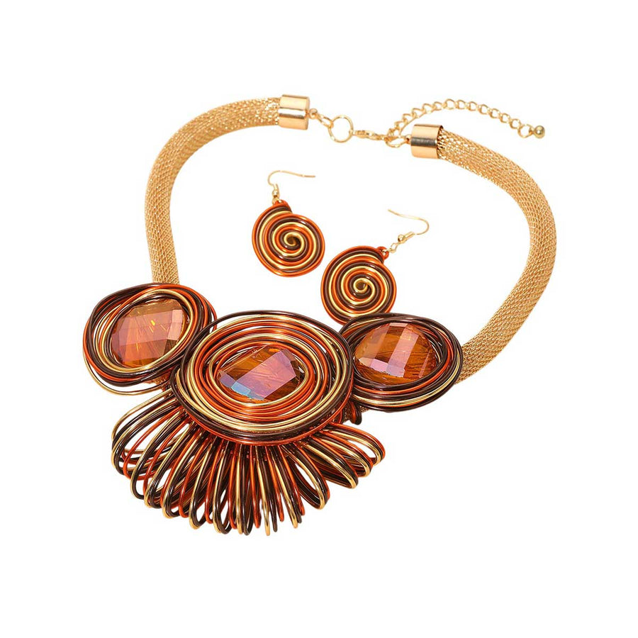 Multi Color Faceted Round Stone Colorful Metal Coil Wrapped Necklace
