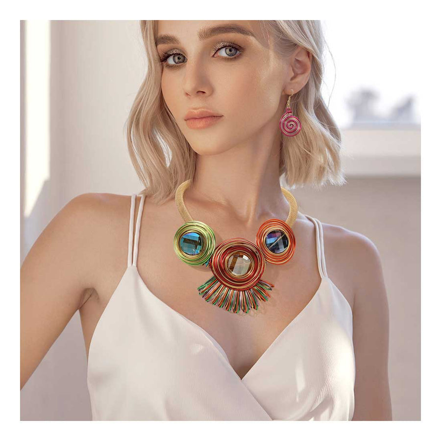 Multi Color Faceted Round Stone Colorful Metal Coil Wrapped Necklace