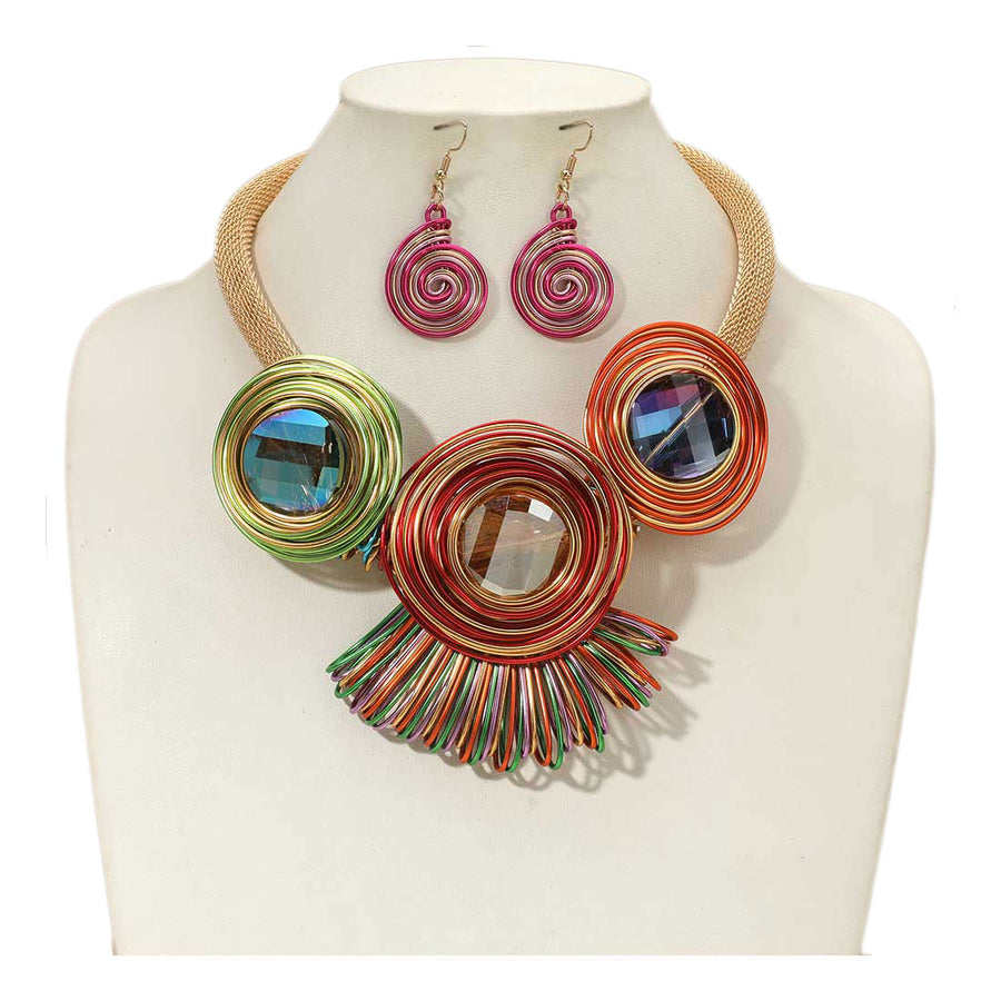 Multi Color Faceted Round Stone Colorful Metal Coil Wrapped Necklace