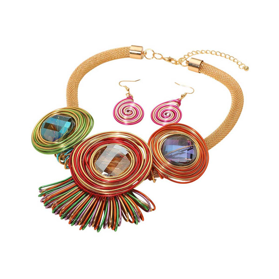 Multi Color Faceted Round Stone Colorful Metal Coil Wrapped Necklace