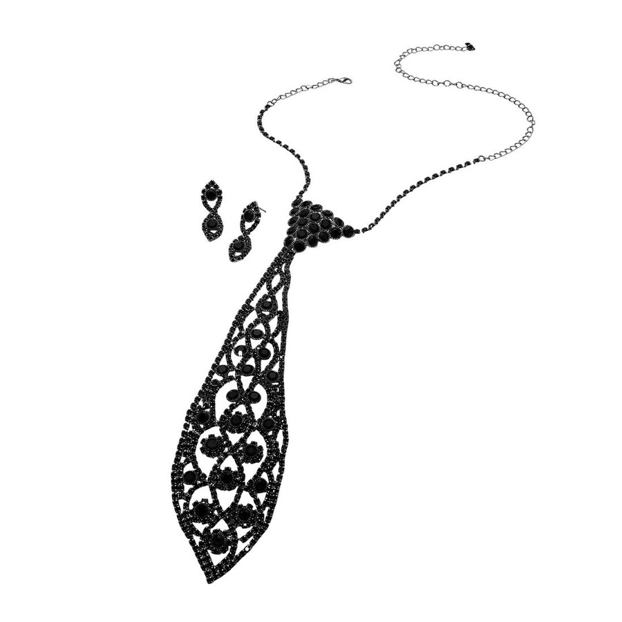 Jet Black Round Rhinestone Stone Necktie Necklace Set