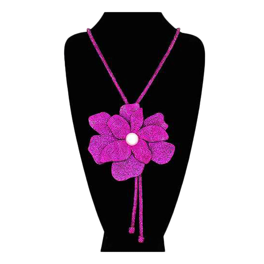 Fuchsia Bling Stud Pearly Flower Pointed Bolo Tie Necklace