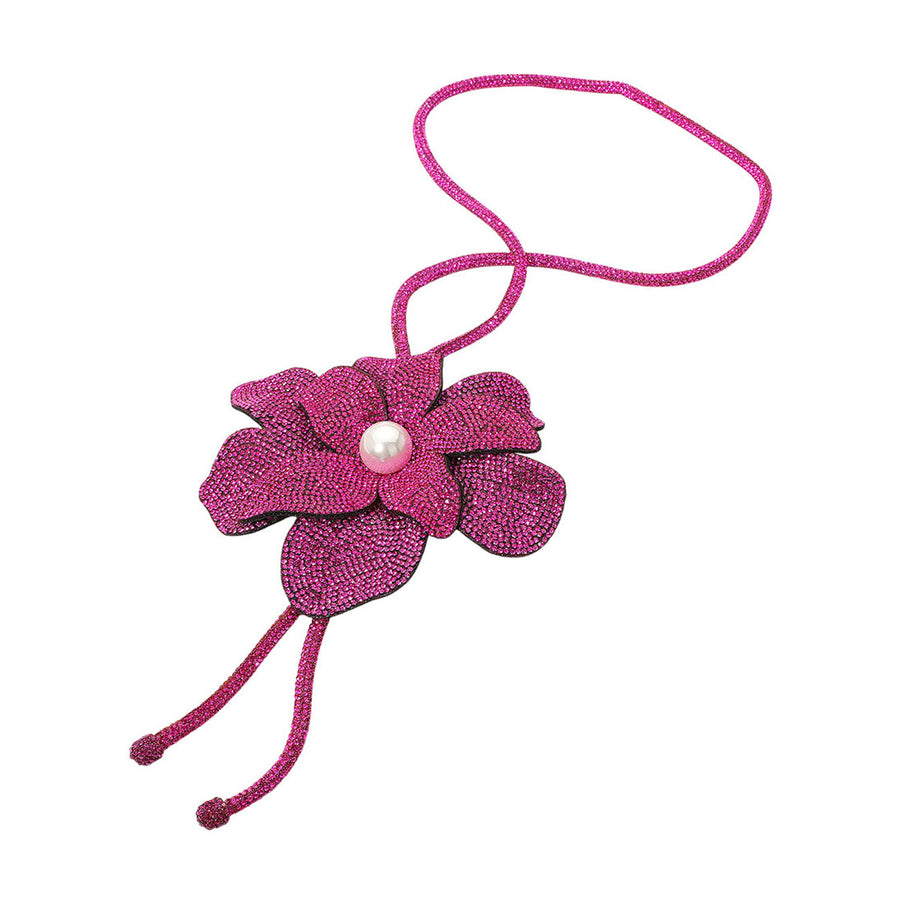 Fuchsia Bling Stud Pearly Flower Pointed Bolo Tie Necklace
