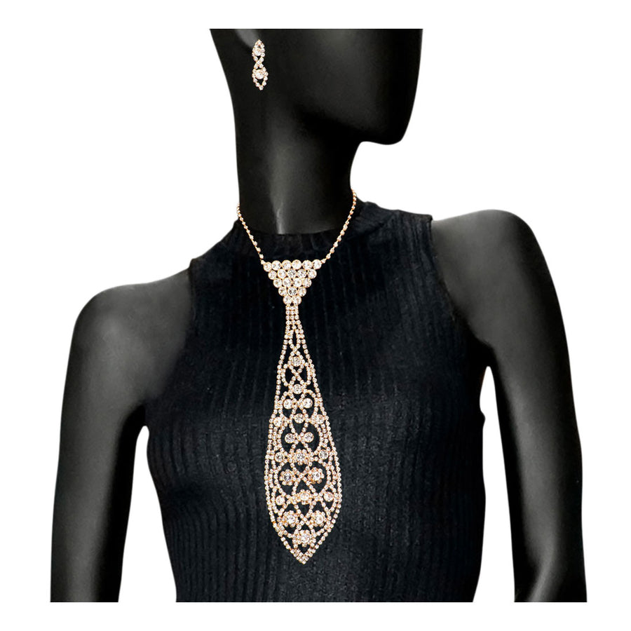 Jet Black Round Rhinestone Stone Necktie Necklace Set