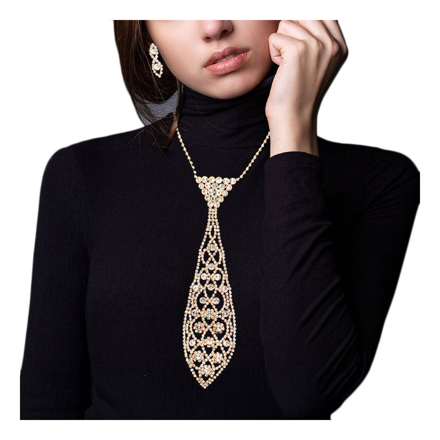 Jet Black Round Rhinestone Stone Necktie Necklace Set