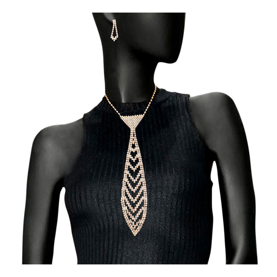Gold Rhinestone Pave Necktie Necklace Set