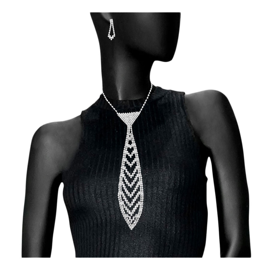 Gold Rhinestone Pave Necktie Necklace Set