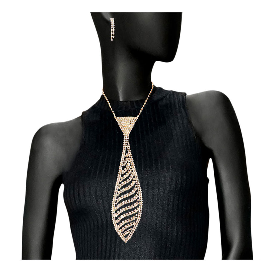 Silver Rhinestone Pave Wave Necktie Necklace Set