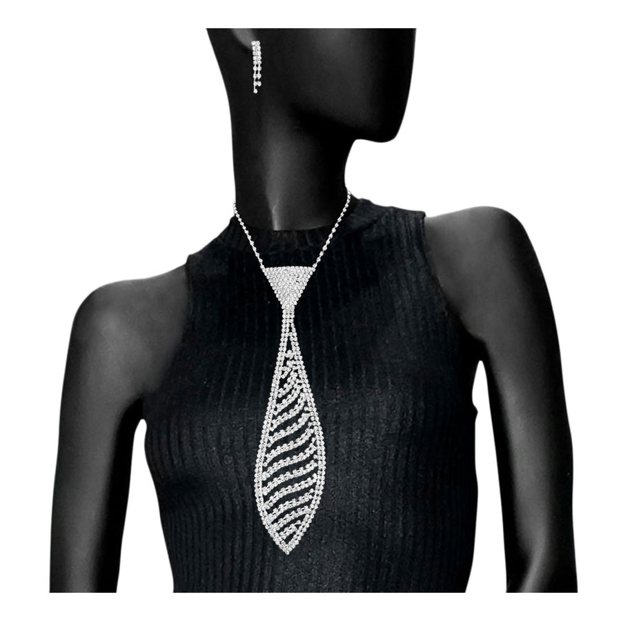 Silver Rhinestone Pave Wave Necktie Necklace Set