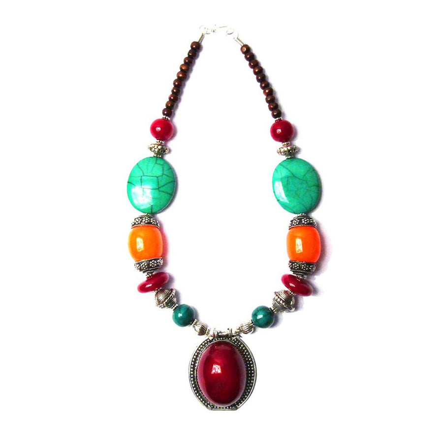 Handcrafted Jumbo Oval Burgundy Pendant Tribal Statement Necklace