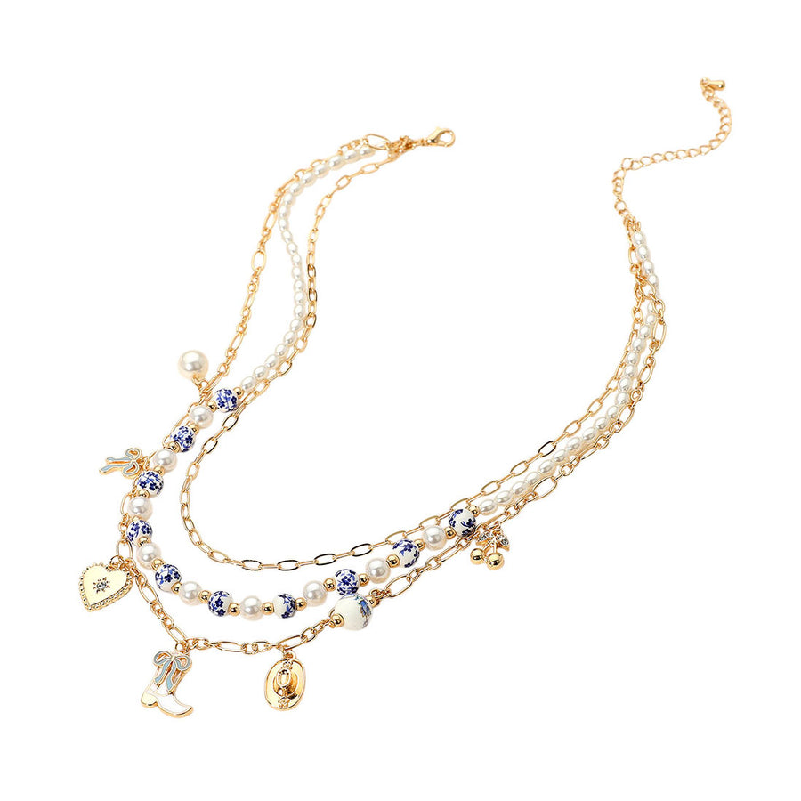 Blue Floral Ceramic Ball Beaded Layered Necklace