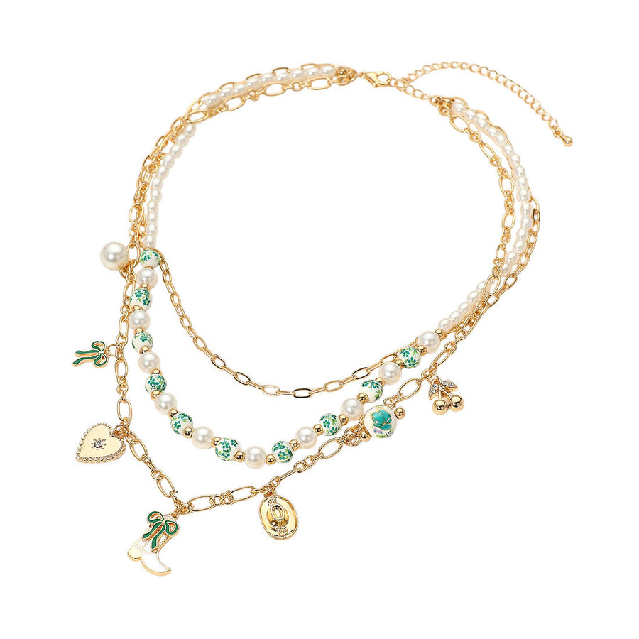 Blue Floral Ceramic Ball Beaded Layered Necklace