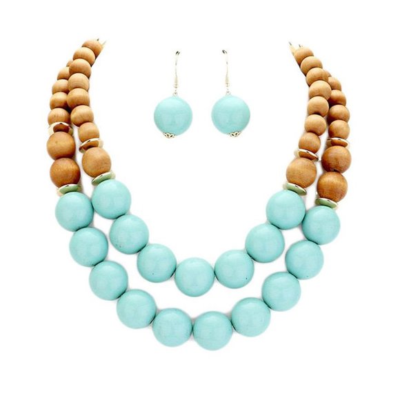 Lovely Double Strand Wood Balls Necklace Earrings Set