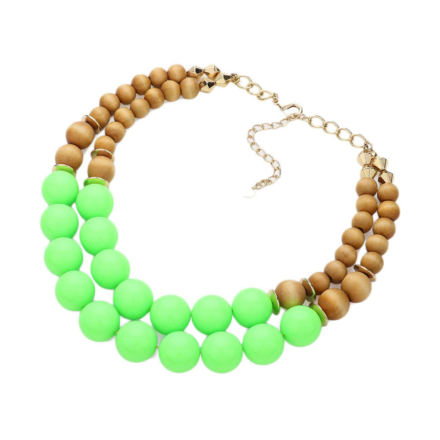 Lovely Double Strand Neon Green Wood Balls Necklace Earrings Set