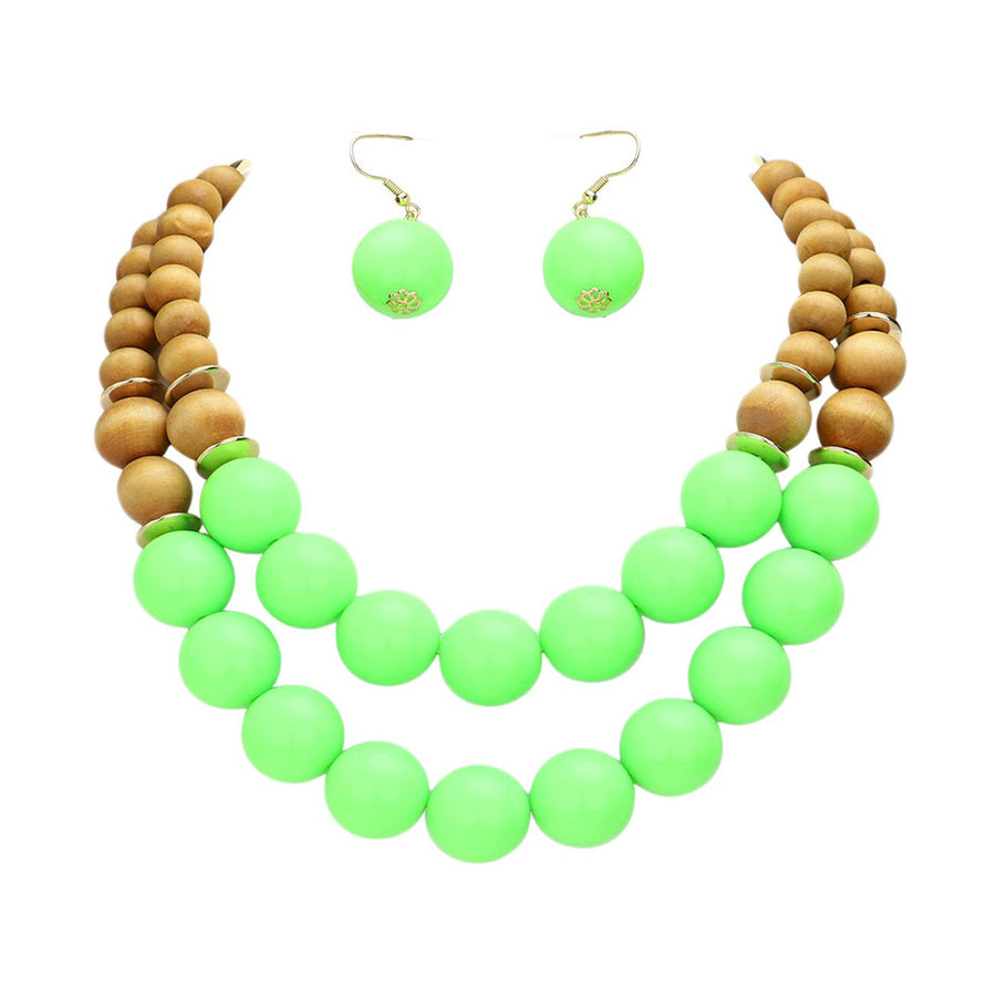 Lovely Double Strand Neon Green Wood Balls Necklace Earrings Set